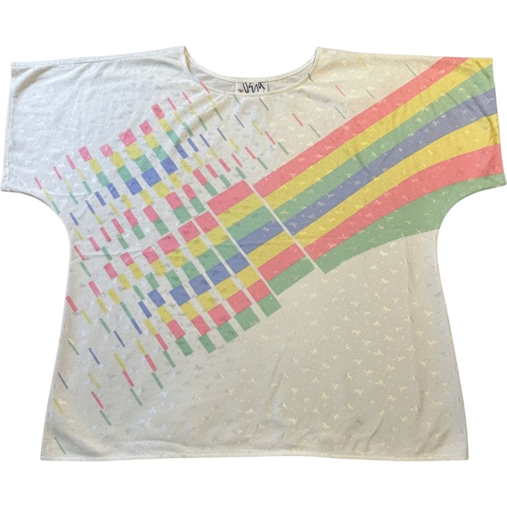 Vintage‎ Vera Neumann Rainbow Geometric Dolman Top White Metallic Silver Size 18